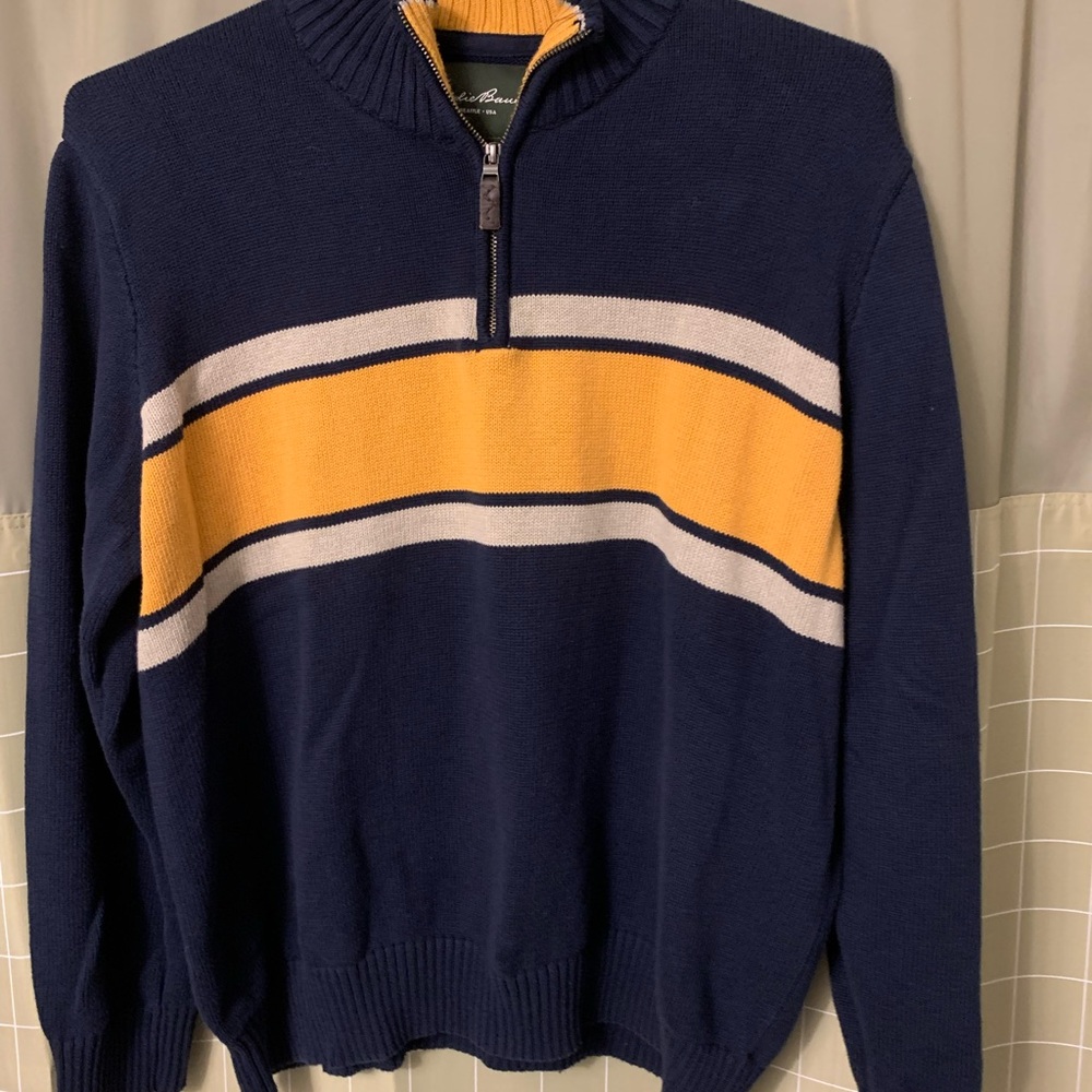 Eddie Bauer Mens Sweater XXL Pullover 1/4 Zip Cotton Blue Yellow Stripe